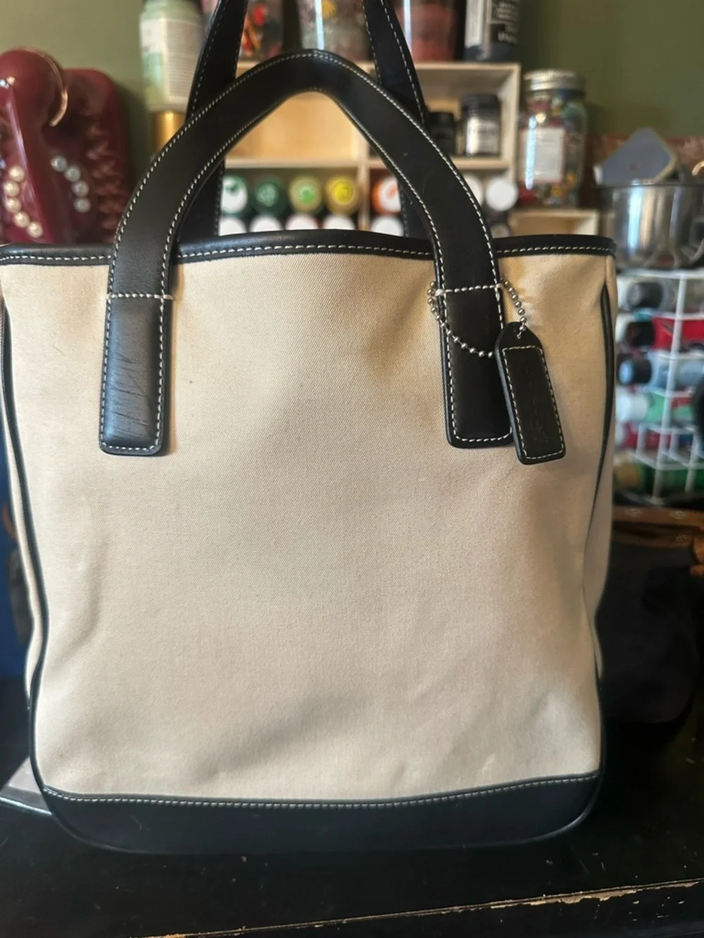 Vintage Coach Beige Canvas Tote with Black Leather Trim